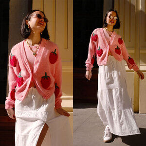 MURE + GRAND Strawberry Puff Cardigan in Pink Size M/L